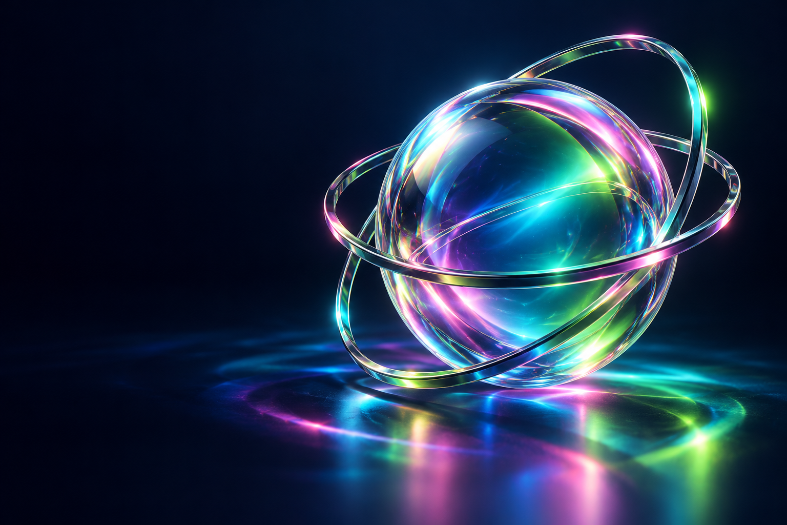 Holographic orb and concentric rings illuminated in cyan, pink, and lime against midnight navy